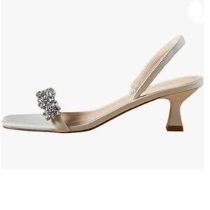 miss left White Flower Rhinestone Open Toe Slingback Sandals Kitten Heel Shoes